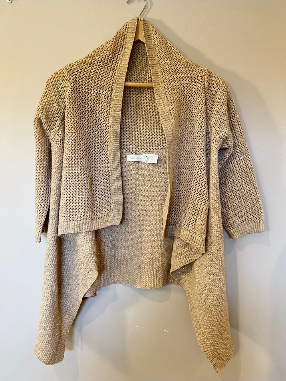 Costa Blanca Draped Open-Front Beige Knit Cardigan